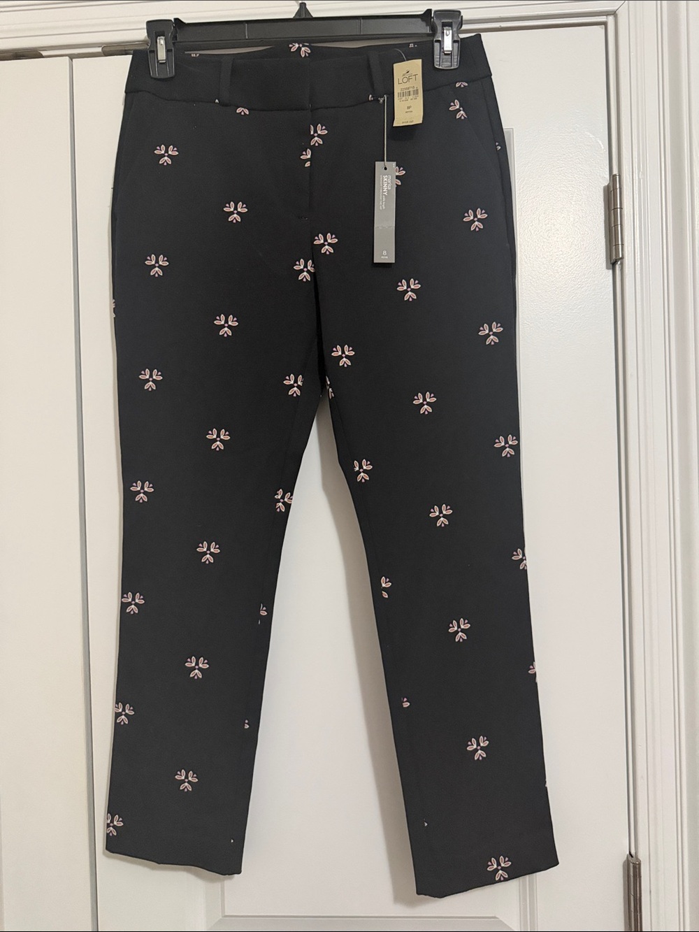 LOFT Black Ankle Pants with Pink Floral Motif